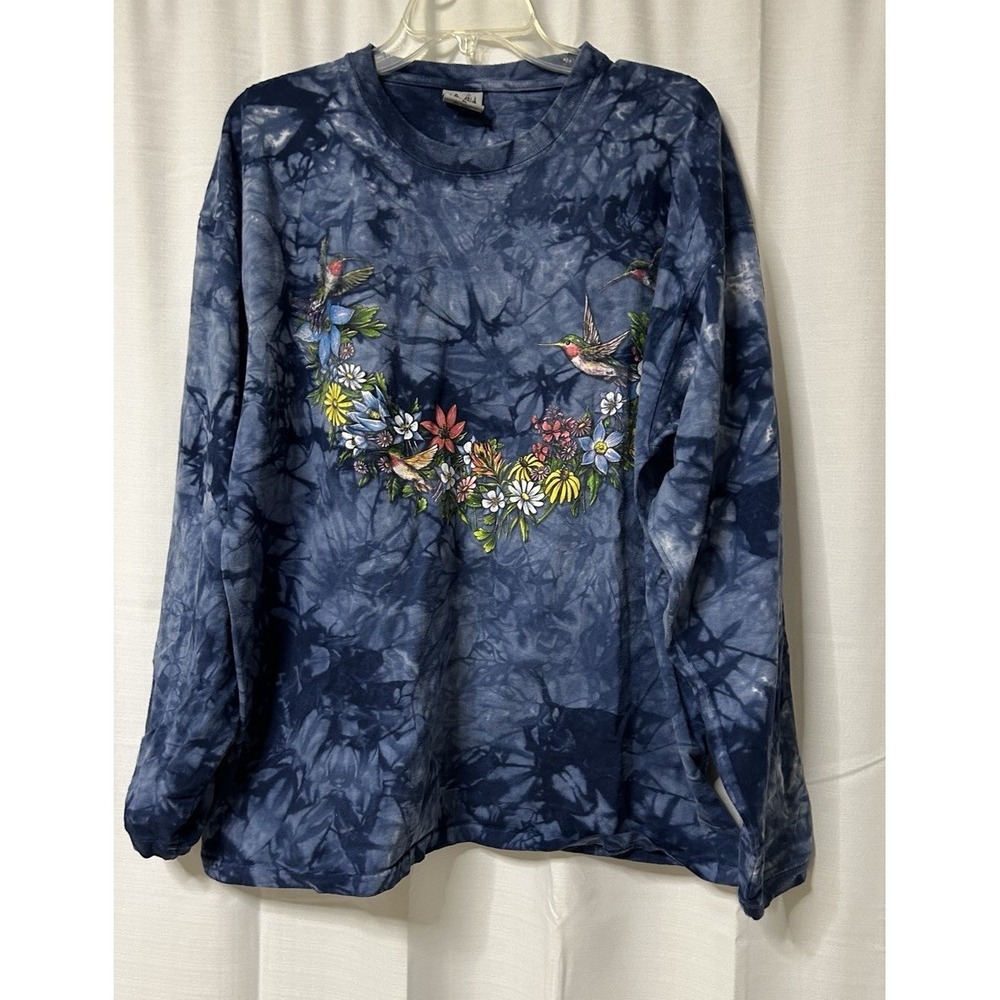 Vintage Back To Earth Tie Dye Hummingbird Floral Long Sleeve Shirt Adult Sz XL